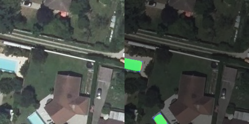 Photo aérienne à gauche, détection du modèle en vert à droite